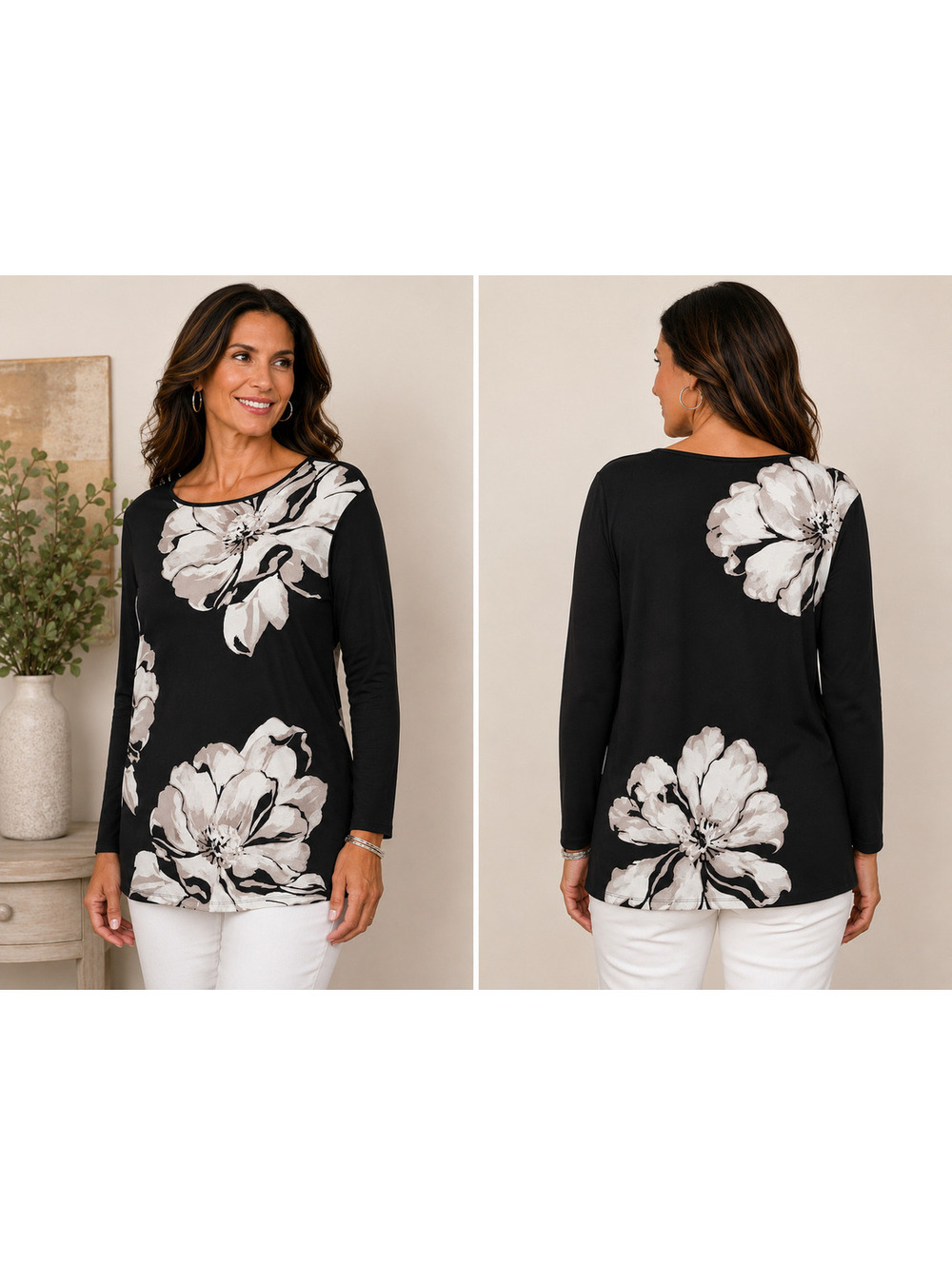 Chico's Black‎ Long Sleeve Floral Print Tunic Top Size 2